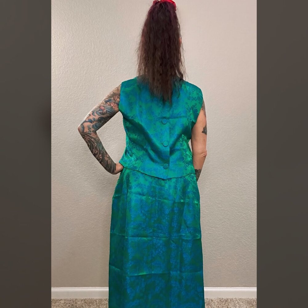 60s Satin Blue Green 3 pc Walking Suit Floral Mod MCM Top Jacket Pencil Skirt M - Picture 10 of 11